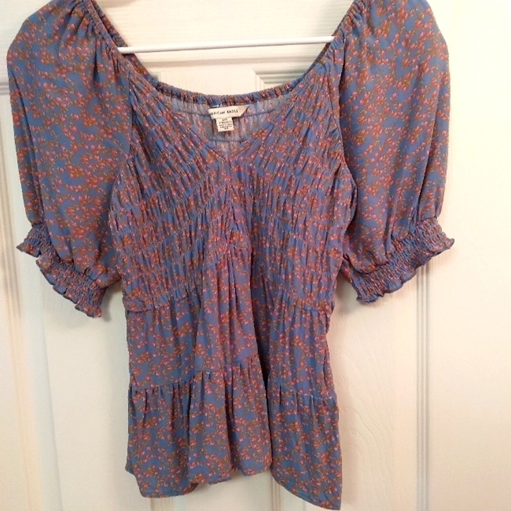 AMERICAN Eagle‎ Outfitters Country Blue Floral Smocked Puffy Sleeves Top XXS Y2K